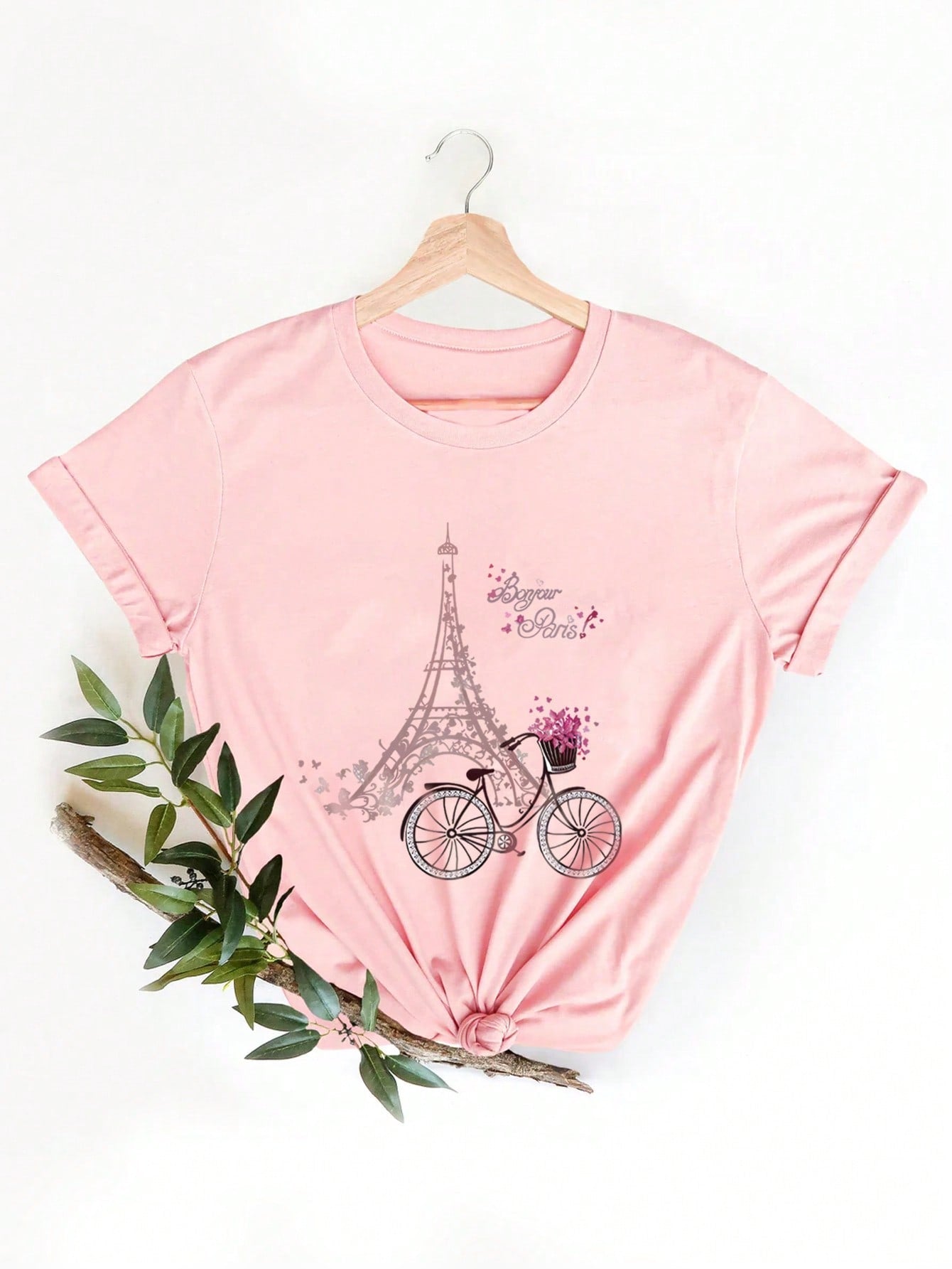 Flower, Eiffel Tower, And Bicycle Printed Women's Casual Round Neck Short Sleeve T-Shirt