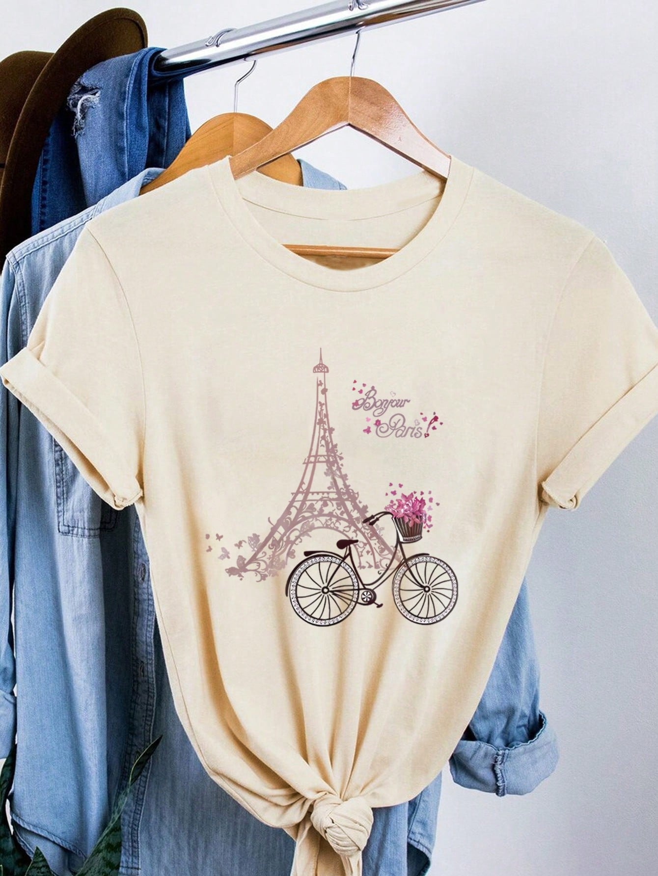 花、エッフェル塔、自転車がプリントされたレディースカジュアルラウンドネック半袖Tシャツ