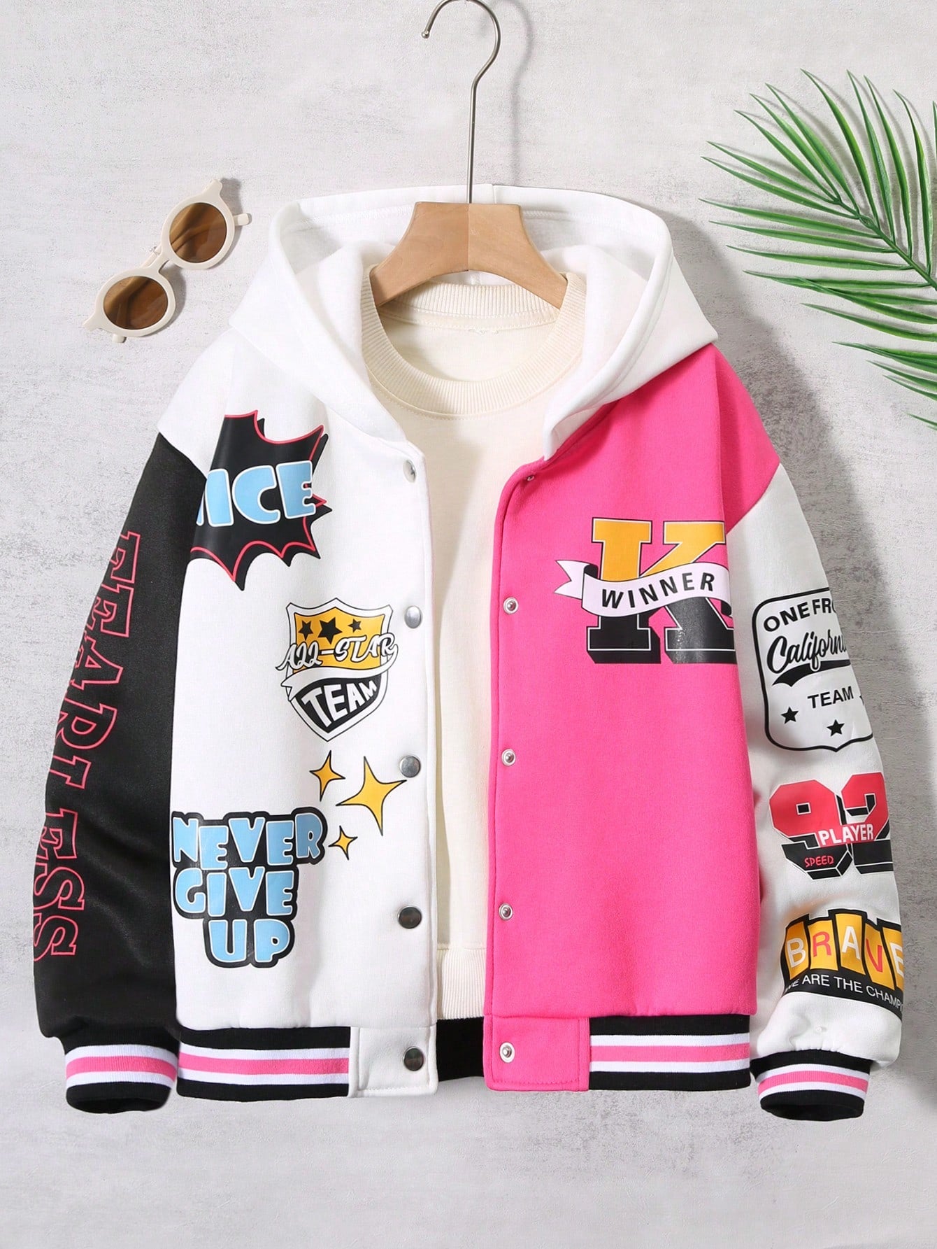 Girls' Hooded Short Baseball Jacket, Color Block Design College Style, Suitable For Spring And Autumn, Trendy And Fashionable