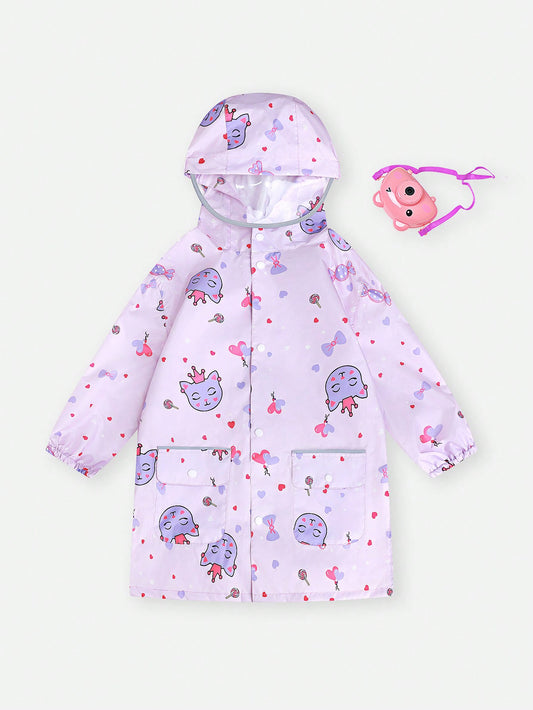 Girls' Lilac Cute Printed Long Sleeve Hooded Raincoat