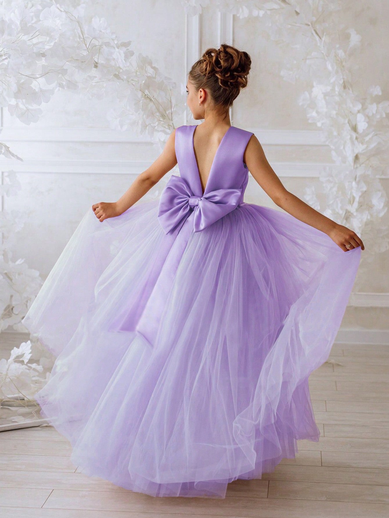 Tween Girl Bowknot V-Neck Formal Dress Princess Dress, Suitable For Baby Birthday Party, Flower Girl Dress, Wedding, Dance Party, Important Occasions, Festival Dress