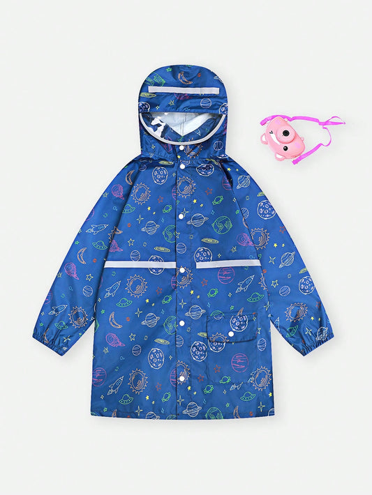 Boys' Blue Simple Airplane Print Long Sleeve Long Raincoat