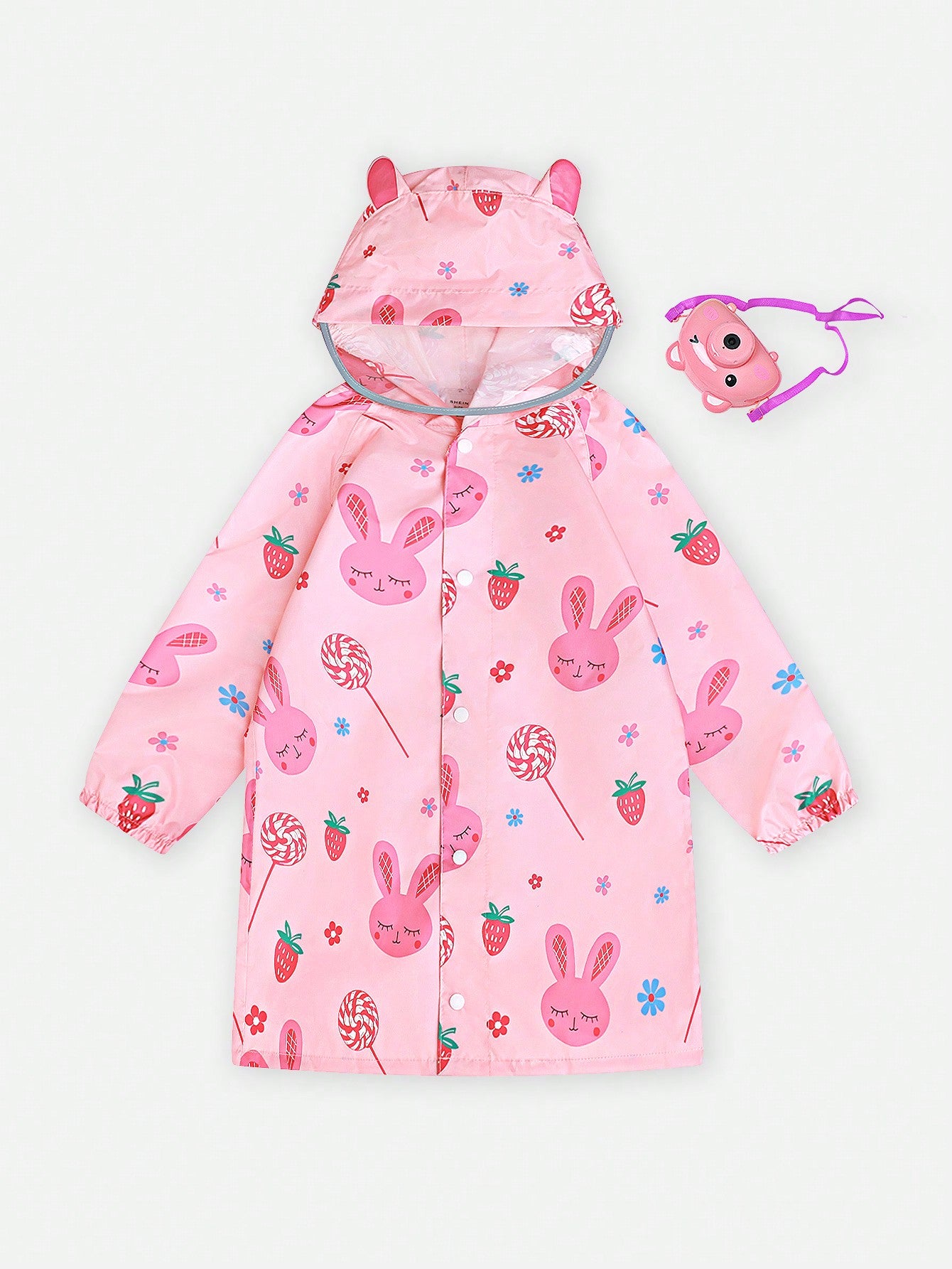 Girls' Pink Conch Rabbit Printed Long Sleeve Long Hooded Raincoat For Kids