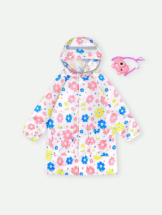 Girls' Colorful Flower Print Long Sleeve Hooded Raincoat, Long Style