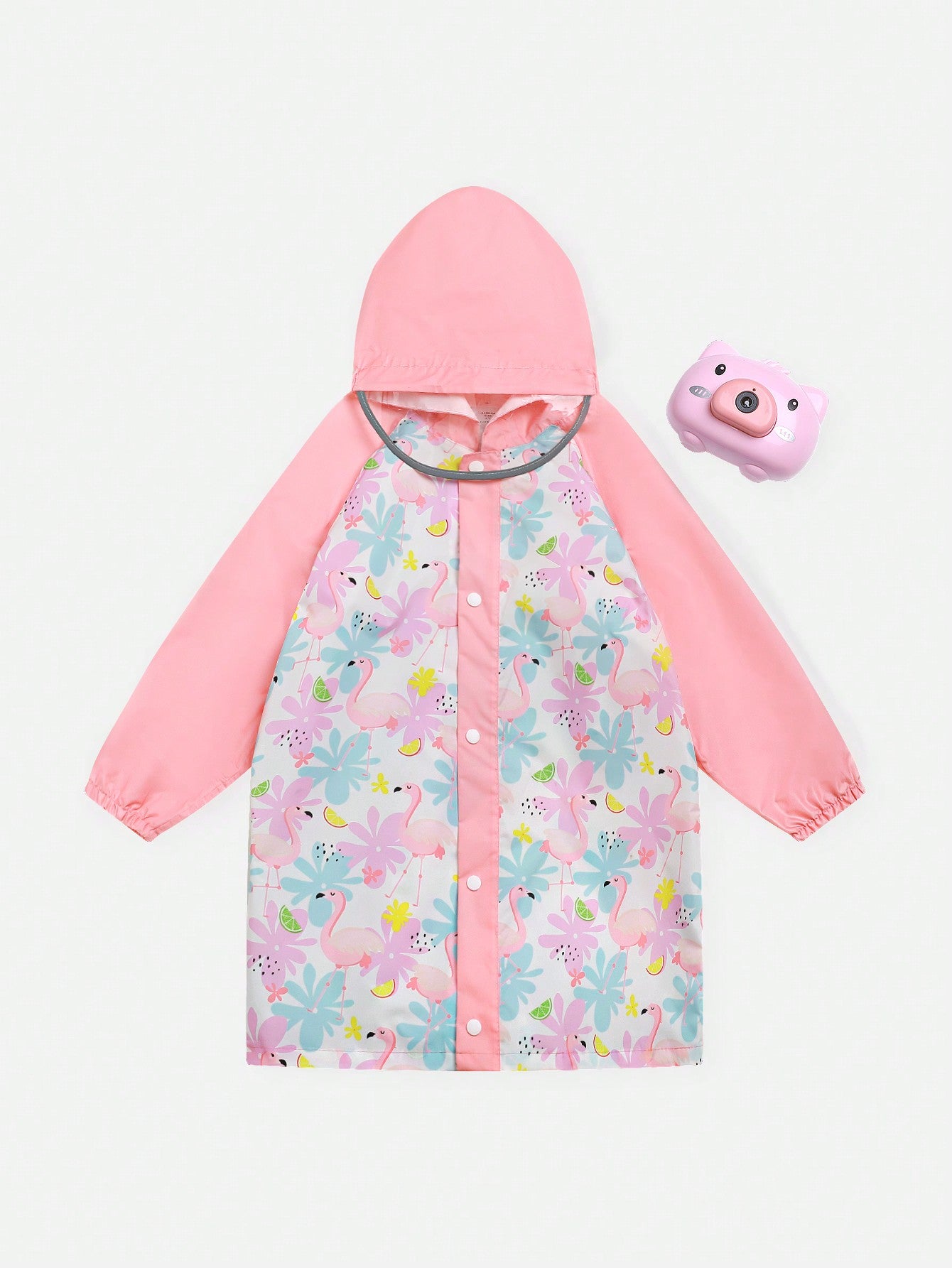 Girls' Pink Minimalist Flamingo Allover Print Long Sleeve Hooded Raincoat With Full Flower Print