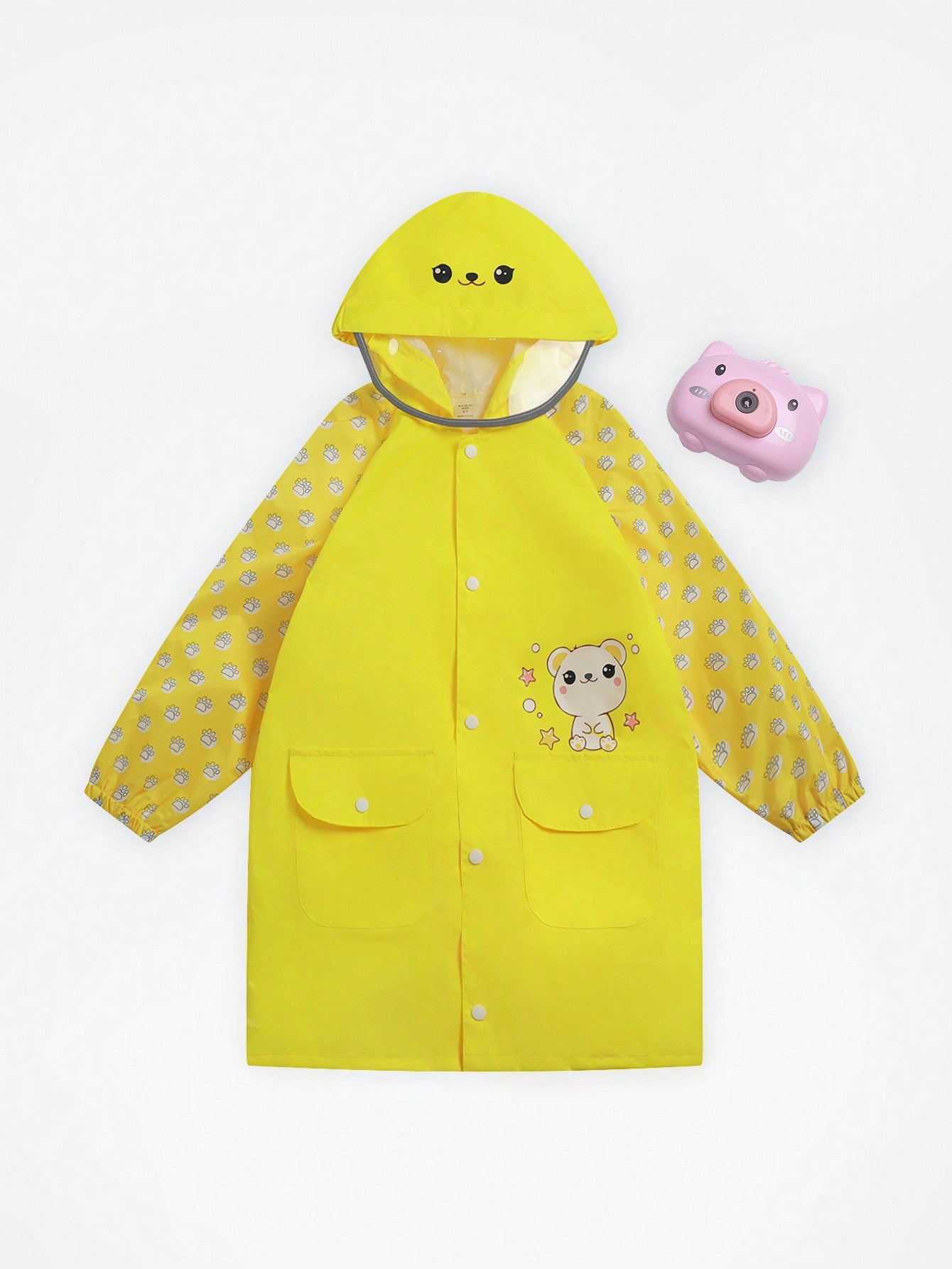 Girls' Simple Yellow Long Sleeve Hooded Raincoat