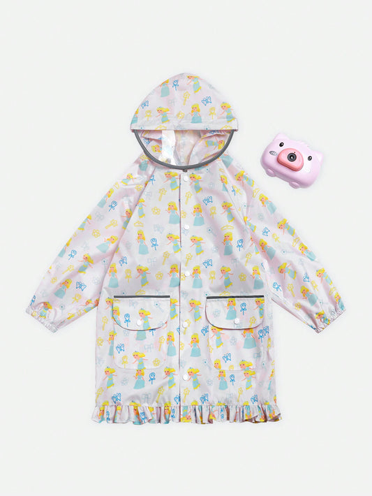 Girls' Pink Simple & Fun Printed Long Sleeve Hooded Raincoat For Little Kids