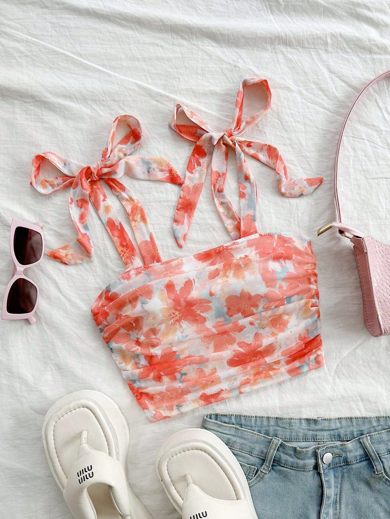 Floral Print Tie Shoulder Ruched Cami Top