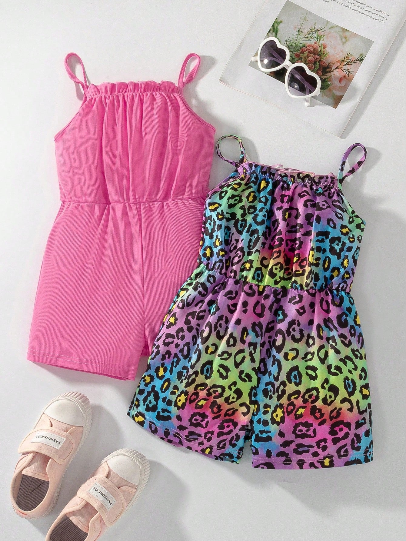 Young Girl Leopard Print Elastic Waistband Romper With Adjustable Straps