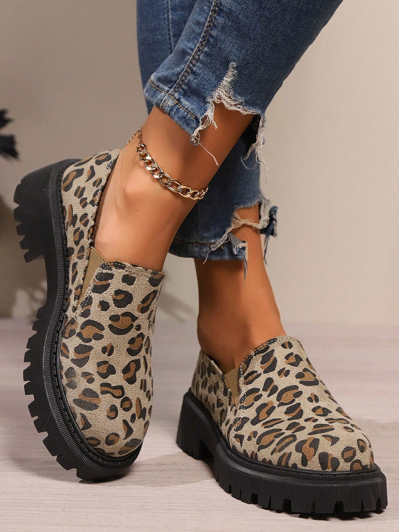 Thick Bottom Wedge Platform Slip-On Women Loafers, Leopard Print Round Toe Suede Casual Mules