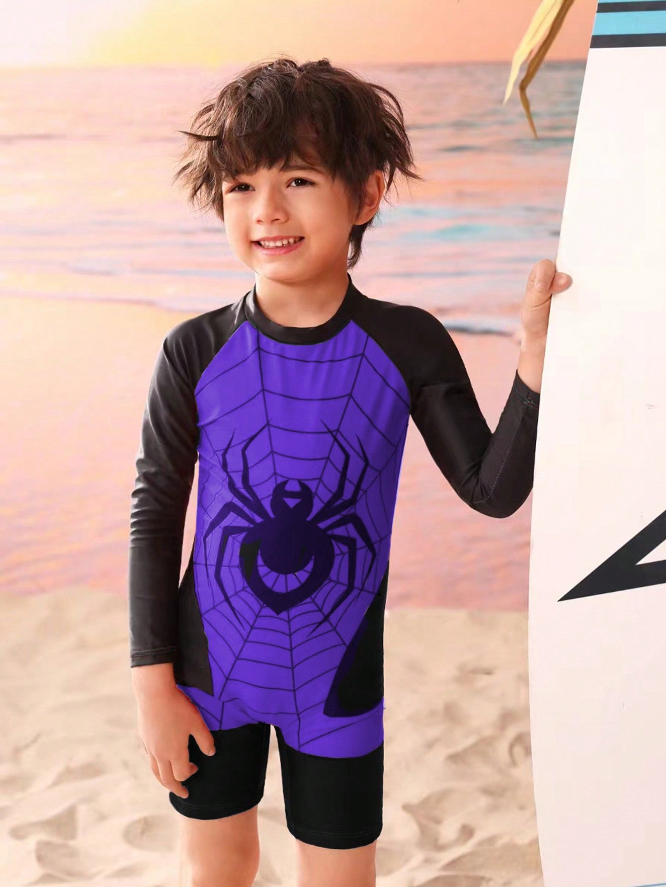 Young Boy Spider Print One-Piece Swimsuit With Free Swimming Cap, Long Sleeve Bathing Suit Beach Outfit Rash Guard Summer Vacation