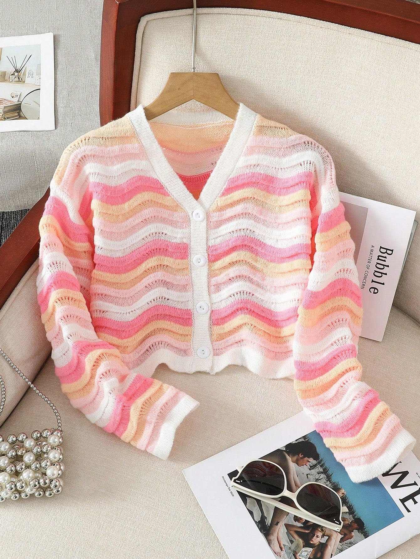 Tween Girls Cardigans Wave Ombre V-Neck Casual  Lovely Vacation Comfortable Textured Open-Front Knitted Sweater