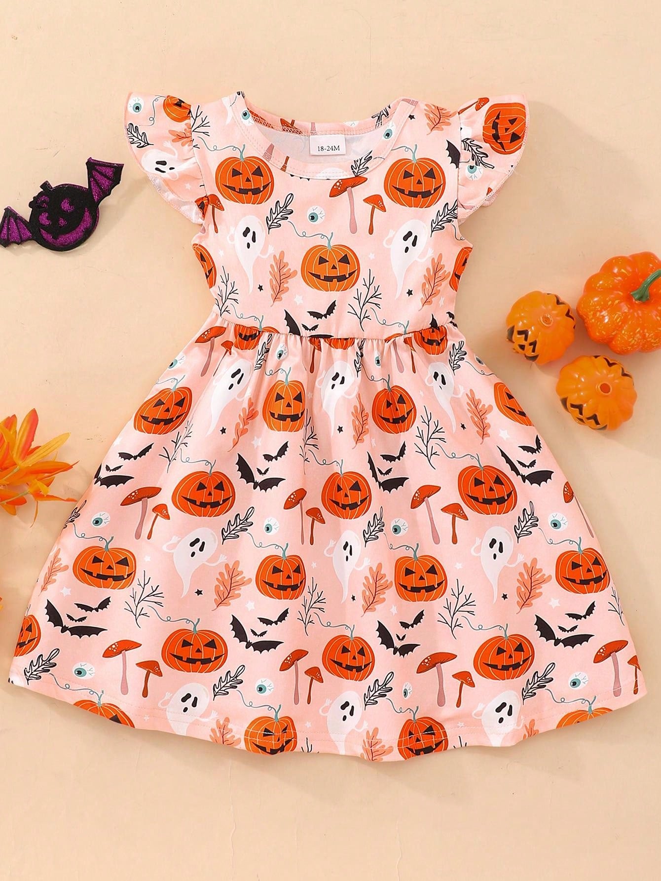 Girls' Pumpkin Bat Halloween Printed Casual Dress With Flutter Sleeves