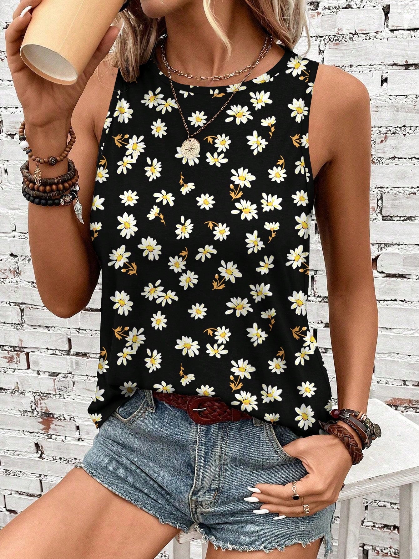 Women's Casual Floral Pattern Summer Round Neck Tank Top