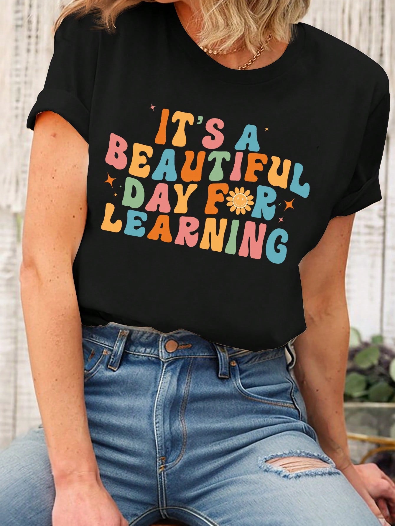 Casual And Simple Teacher Printed Round Neck Short Sleeve Women's T-Shirt, Suitable For Summer TEACHER TEACHER TEACHER TEACHER TEACHER