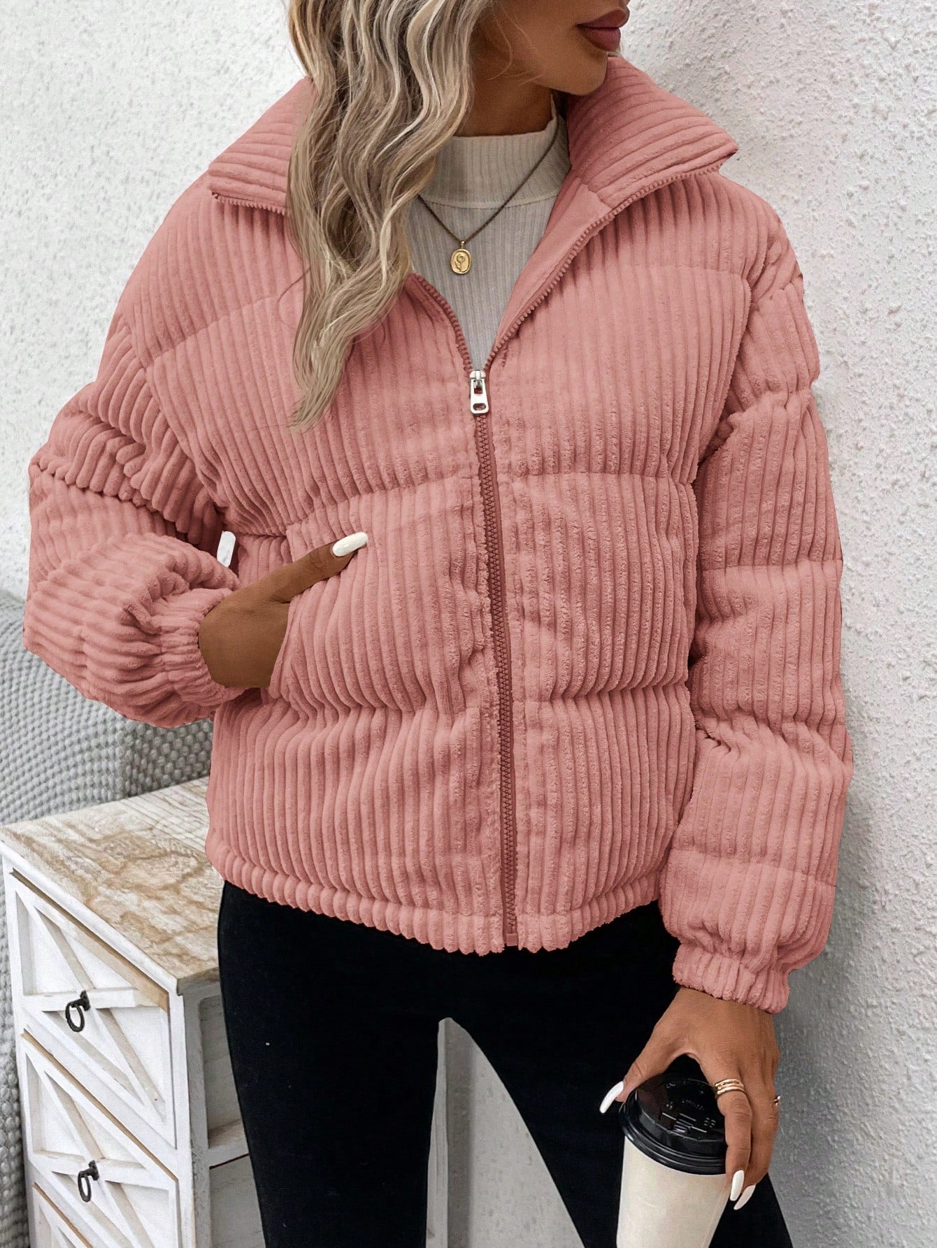 Zip Up Corduroy Puffer Coat