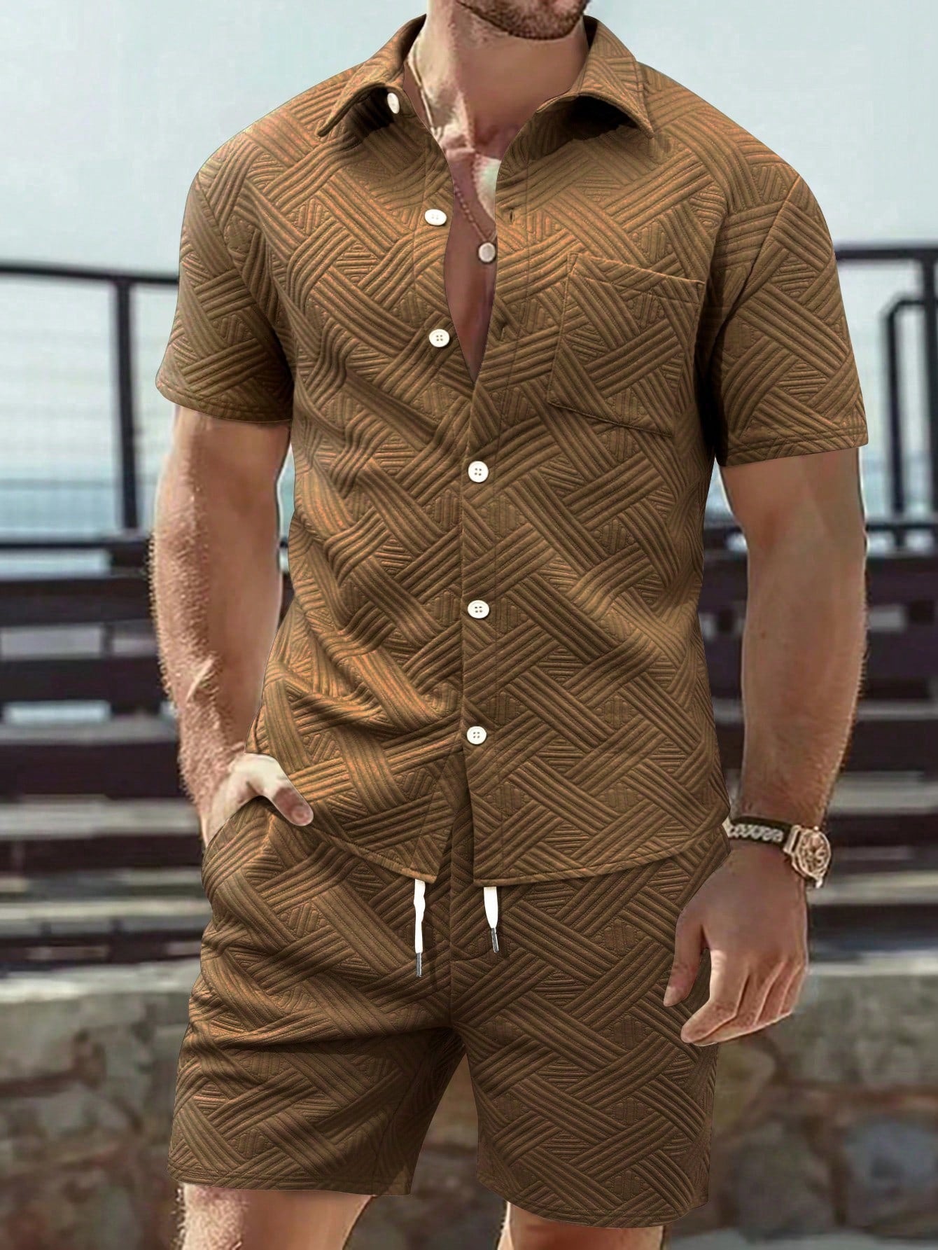 Men's Fashionable 3D Textured Casual Shirt Set