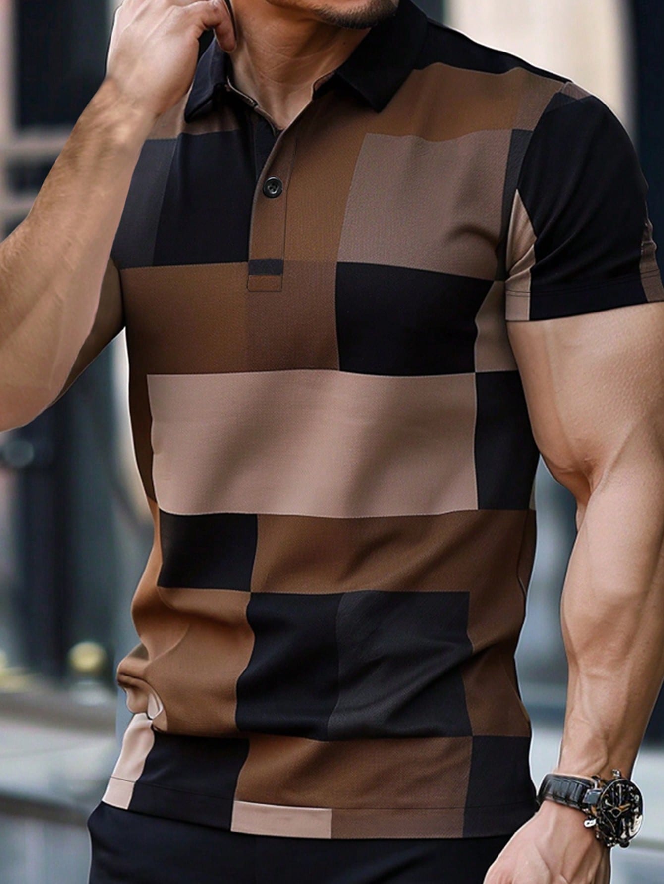 Men's Casual Holiday Brown-Toned Geometric Print Polo Shirt ,Men Polo , Collared Polo Shirt , Button Up , Summer Polo Shirt