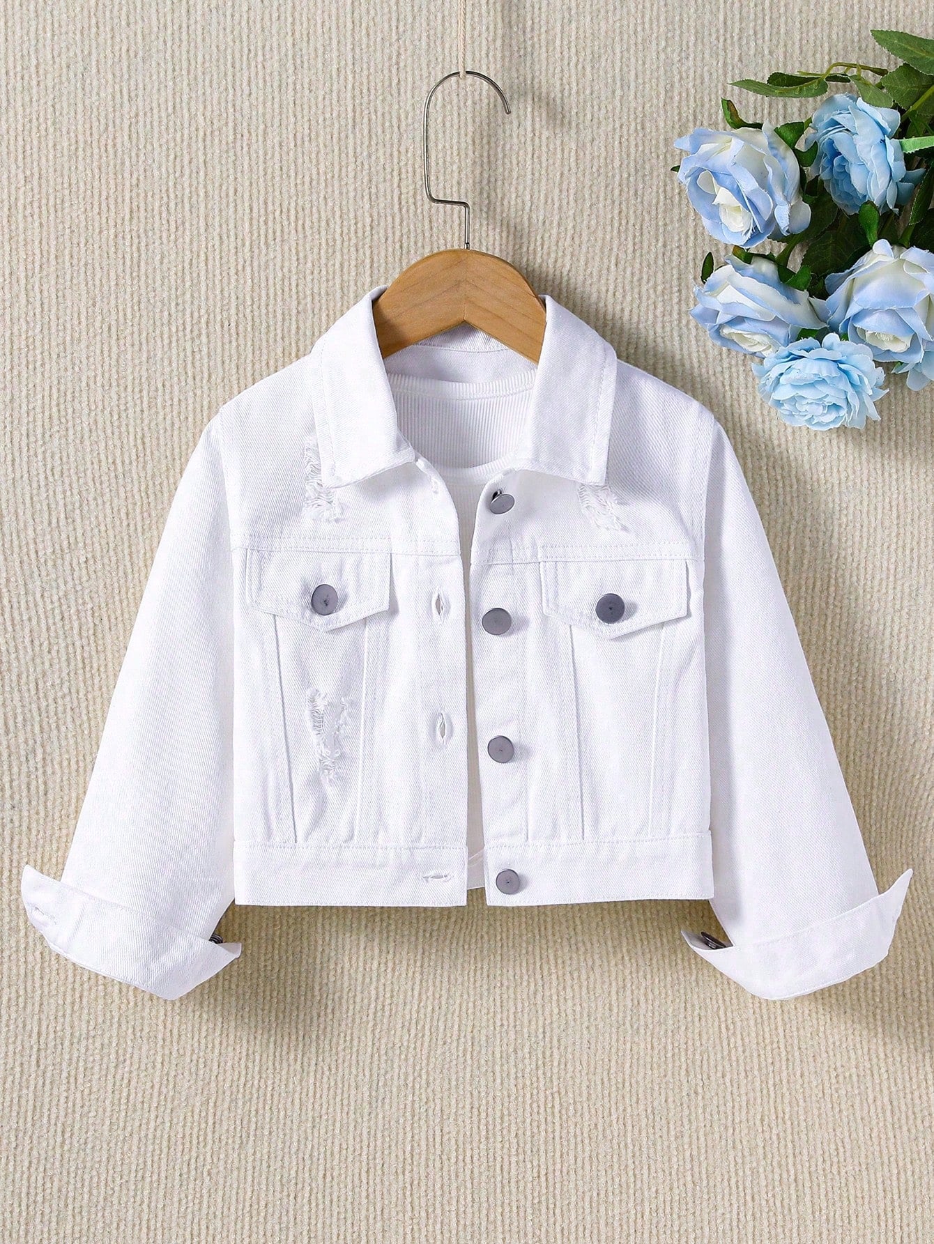 Young Girl Spring & Autumn Casual Fit Long Sleeve Distressed Denim Jacket