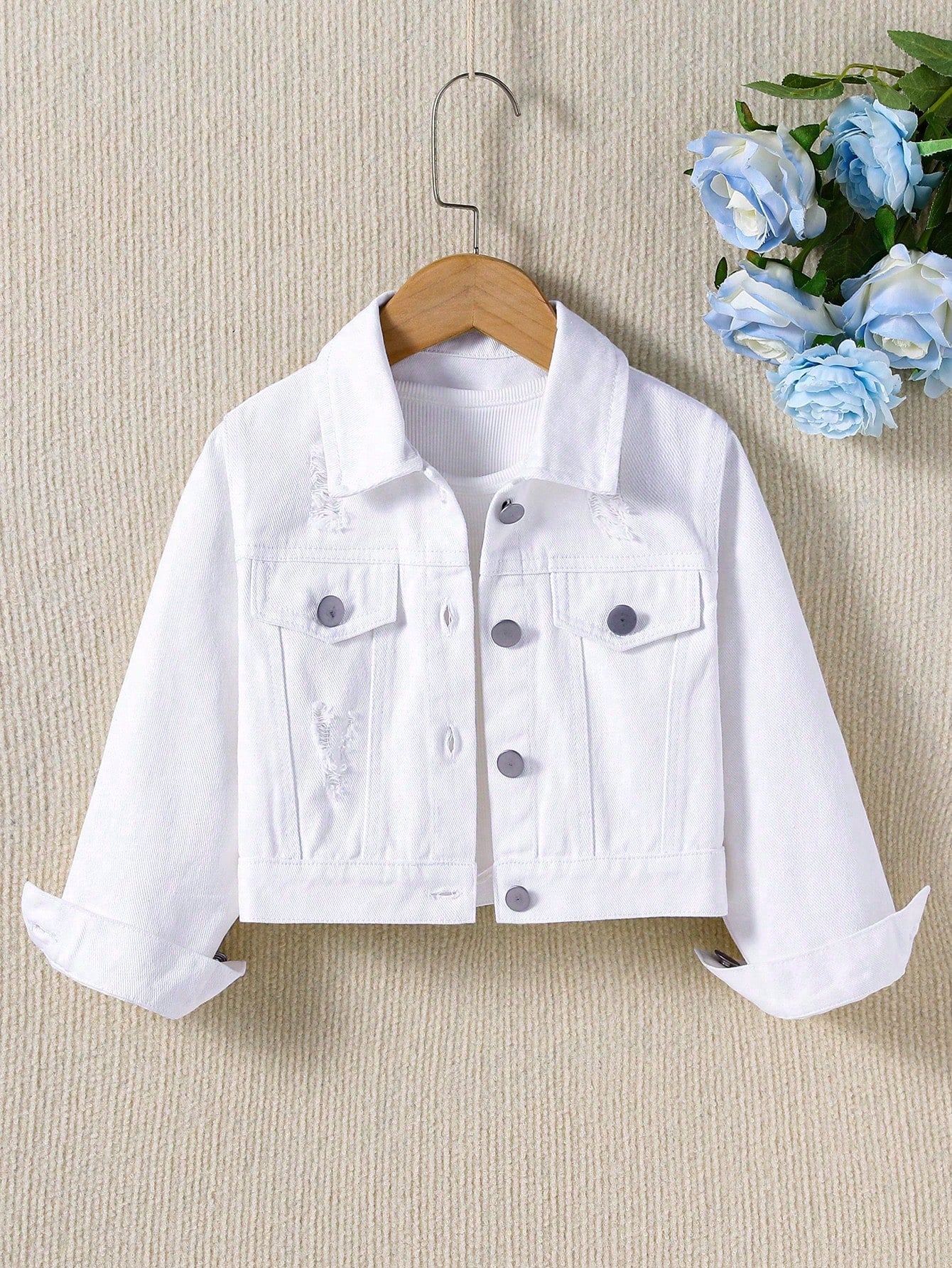 Young Girl Casual Distressed Denim Jacket, Washed