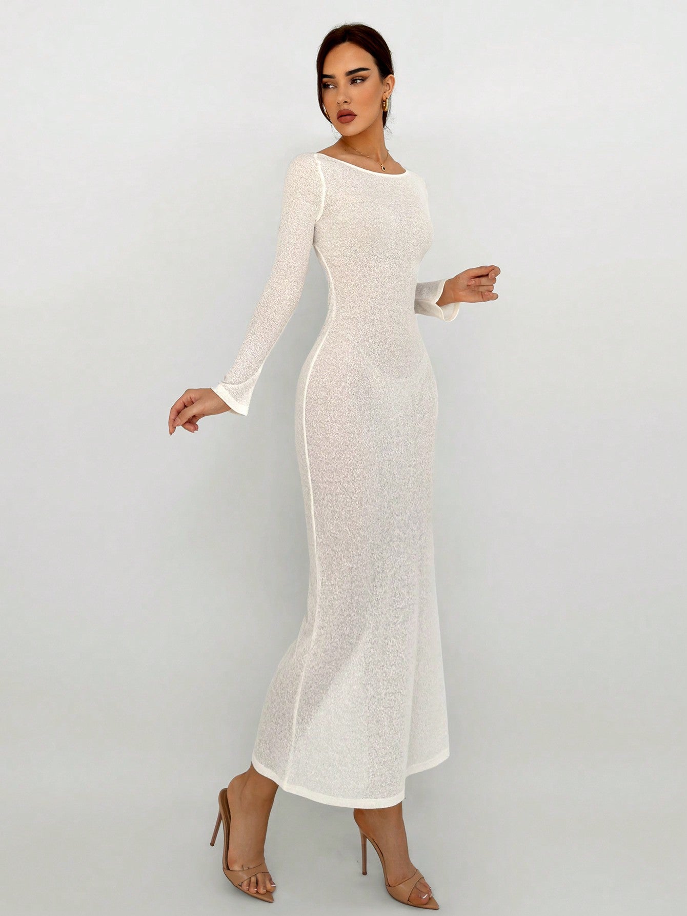 New Sexy Backless Flare Sleeve Faux Fur Knitted Long Dress, Versatile Slim Fit Elastic All-Season All-Match Dress