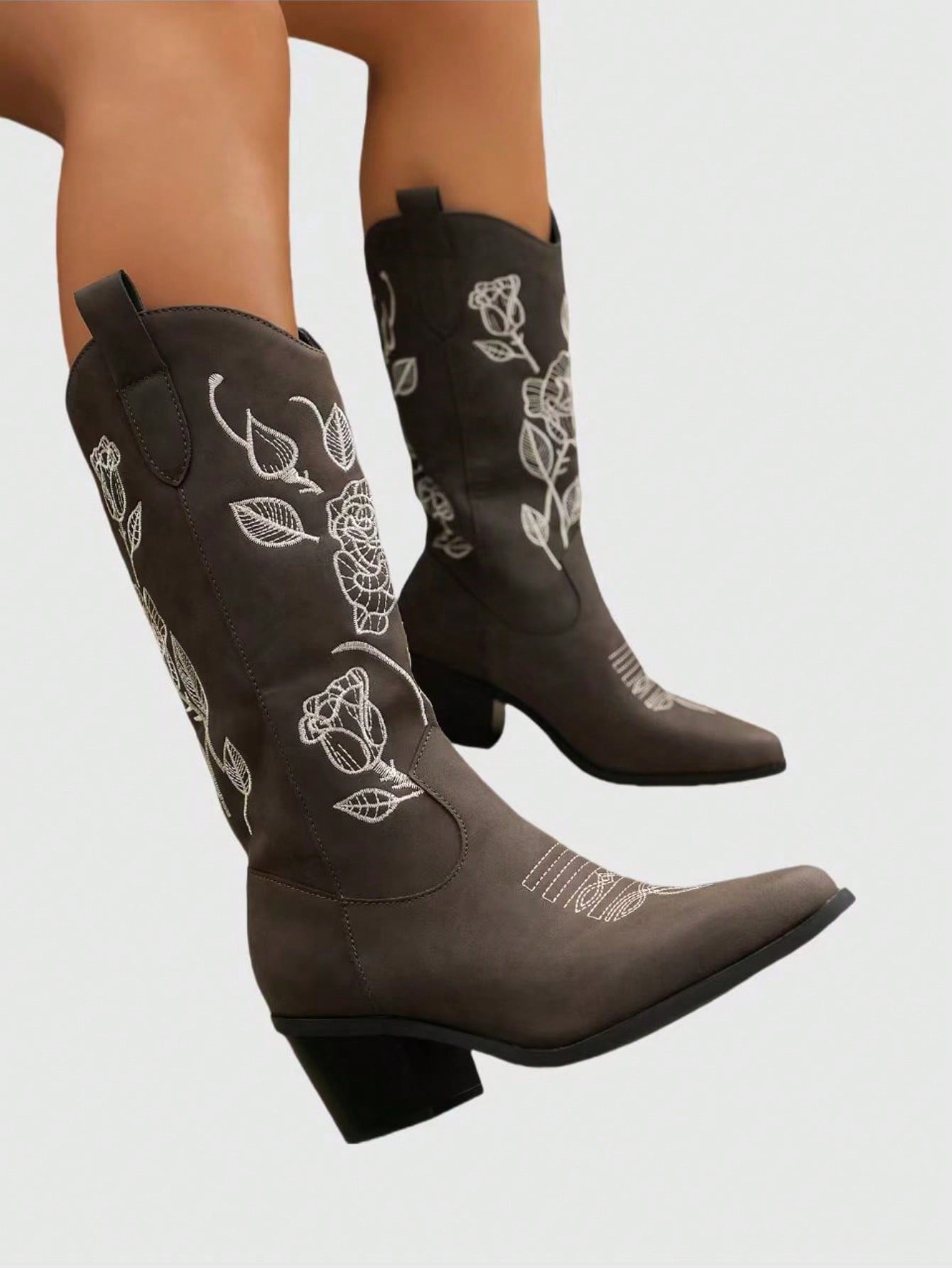 Avant Women's New Arrival Brown Floral Embroidery Western Style Mid-Calf Boots, Spring/Autumn 2024