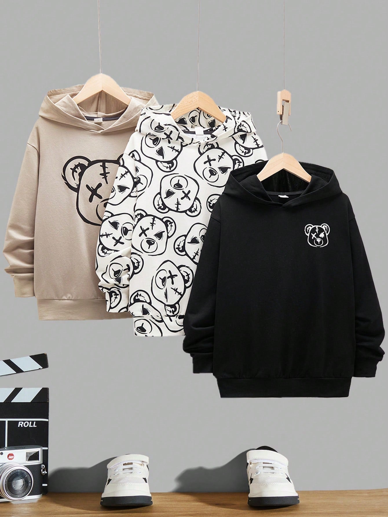 3pcs Kids Tween Boys Casual Hooded Long Sleeve Knitted Sweatshirt, Bear Pattern Printed, Assorted Colors, Daily Wear, Vacation Wear, Sports, Suitable For Spring, Summer, Autumn And Winter
