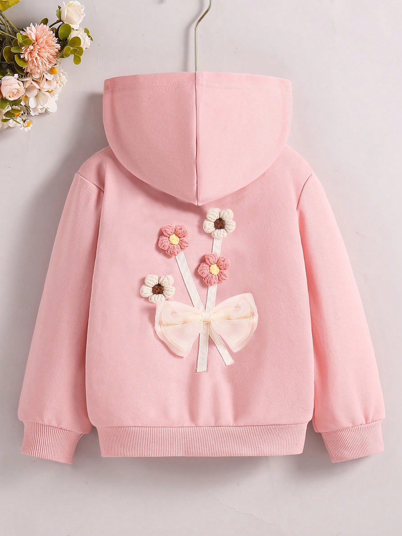 1pc Young Girls' Cute 3D Crochet Bowknot Hooded Zip-Up Jacket, Thin, Comfortable, Versatile, Casual Sportswear For Spring And Autumn