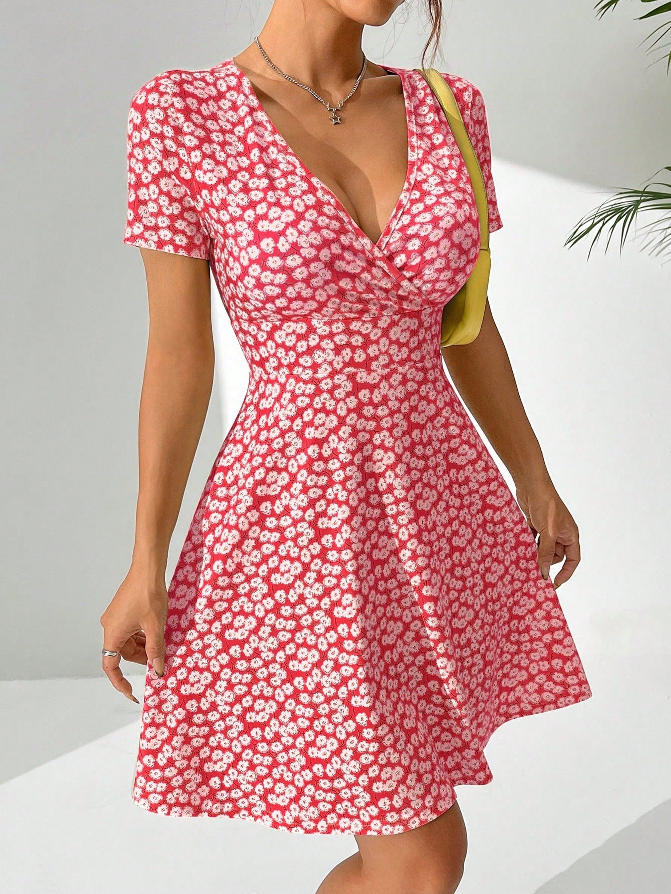 Women Spring/Summer Elegant Wrap Heart Polka Dot Print V-Neck Short Sleeve Dress