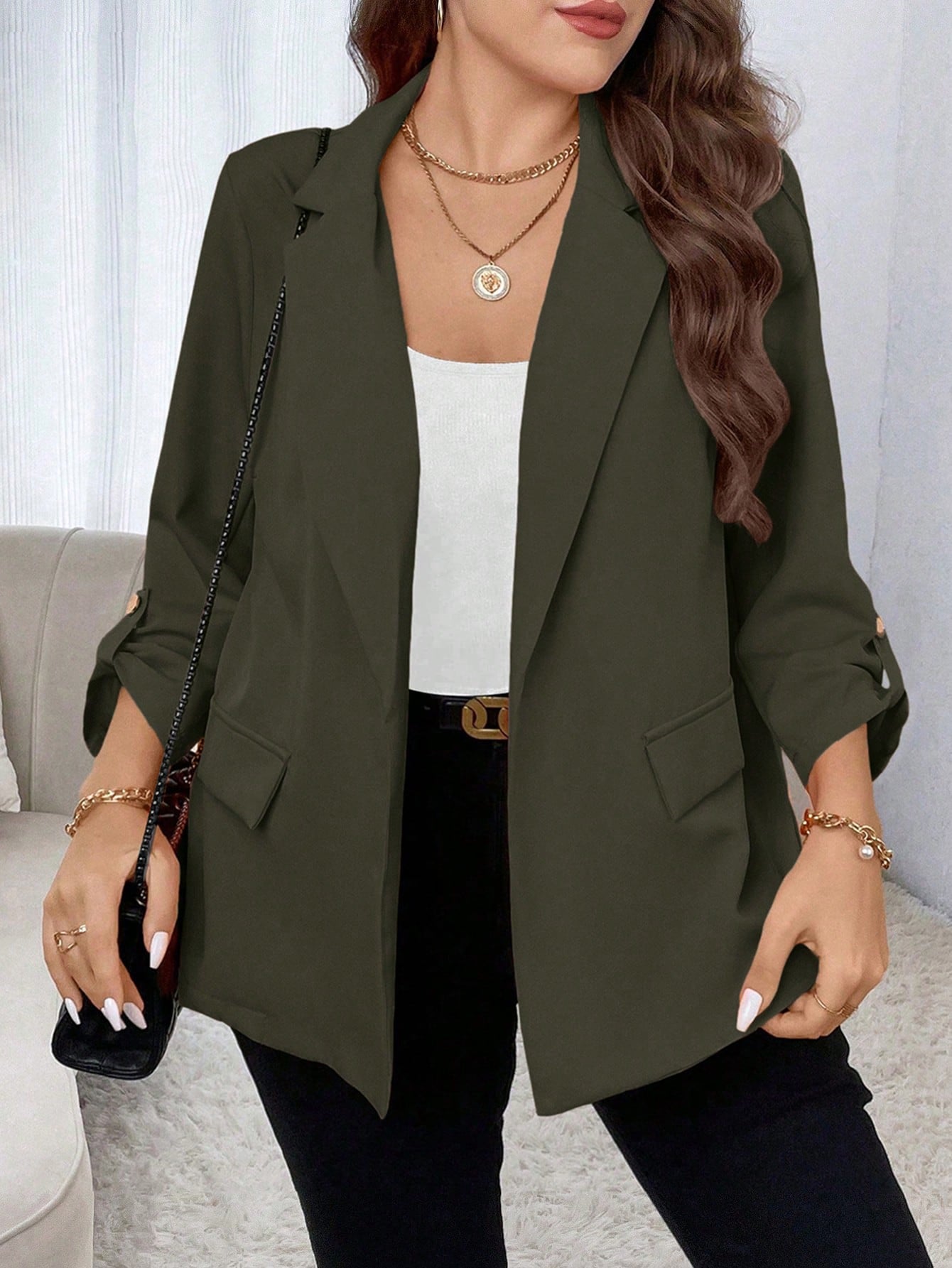 Plus Size Women Spring And Autumn Lapel Collar Loose Suit Jacket With Rolled Sleeves