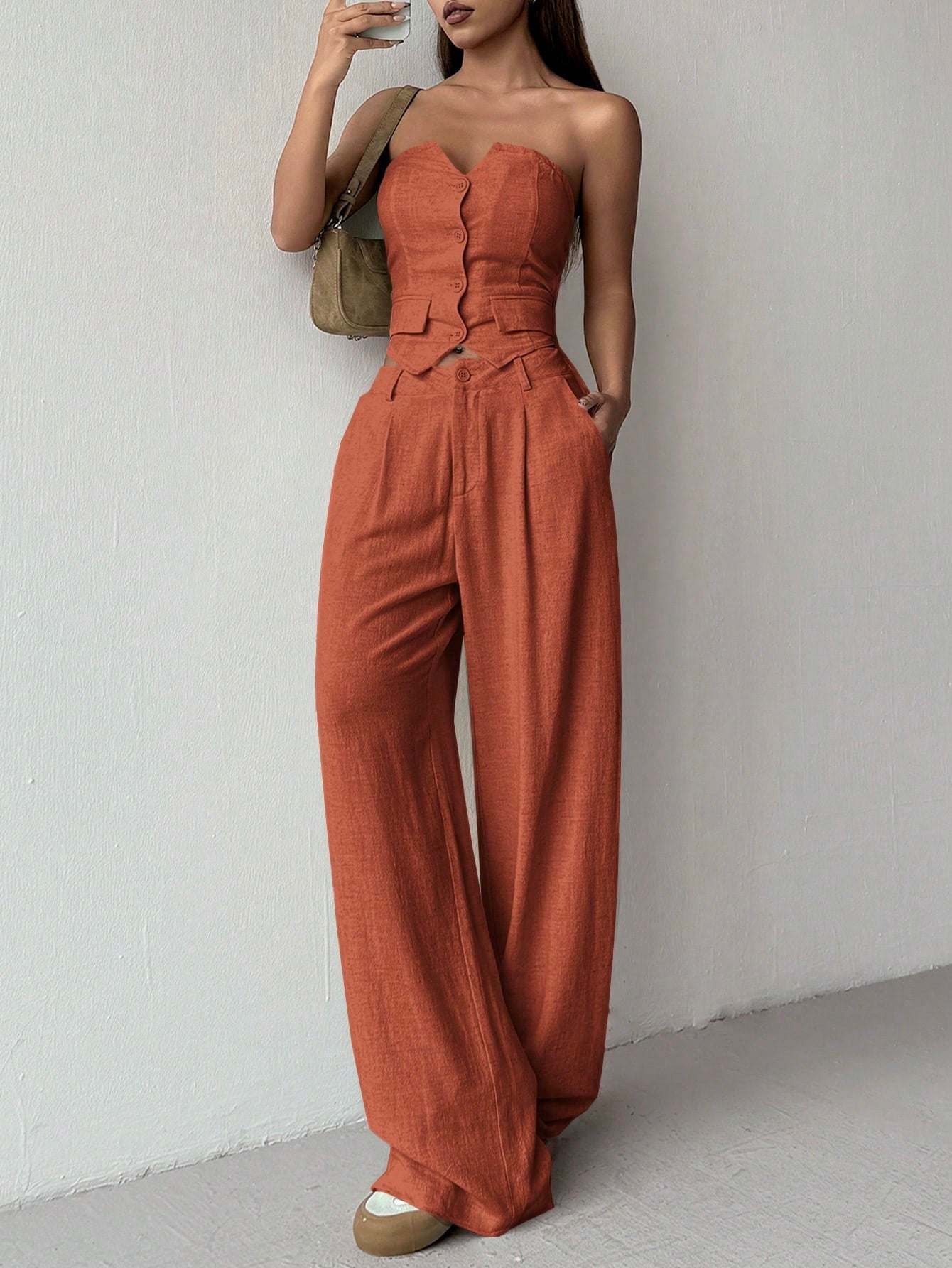 Women's Summer Simple Single-Breasted Strapless Top And Wide-Leg Pants Casual 2pcs/Set