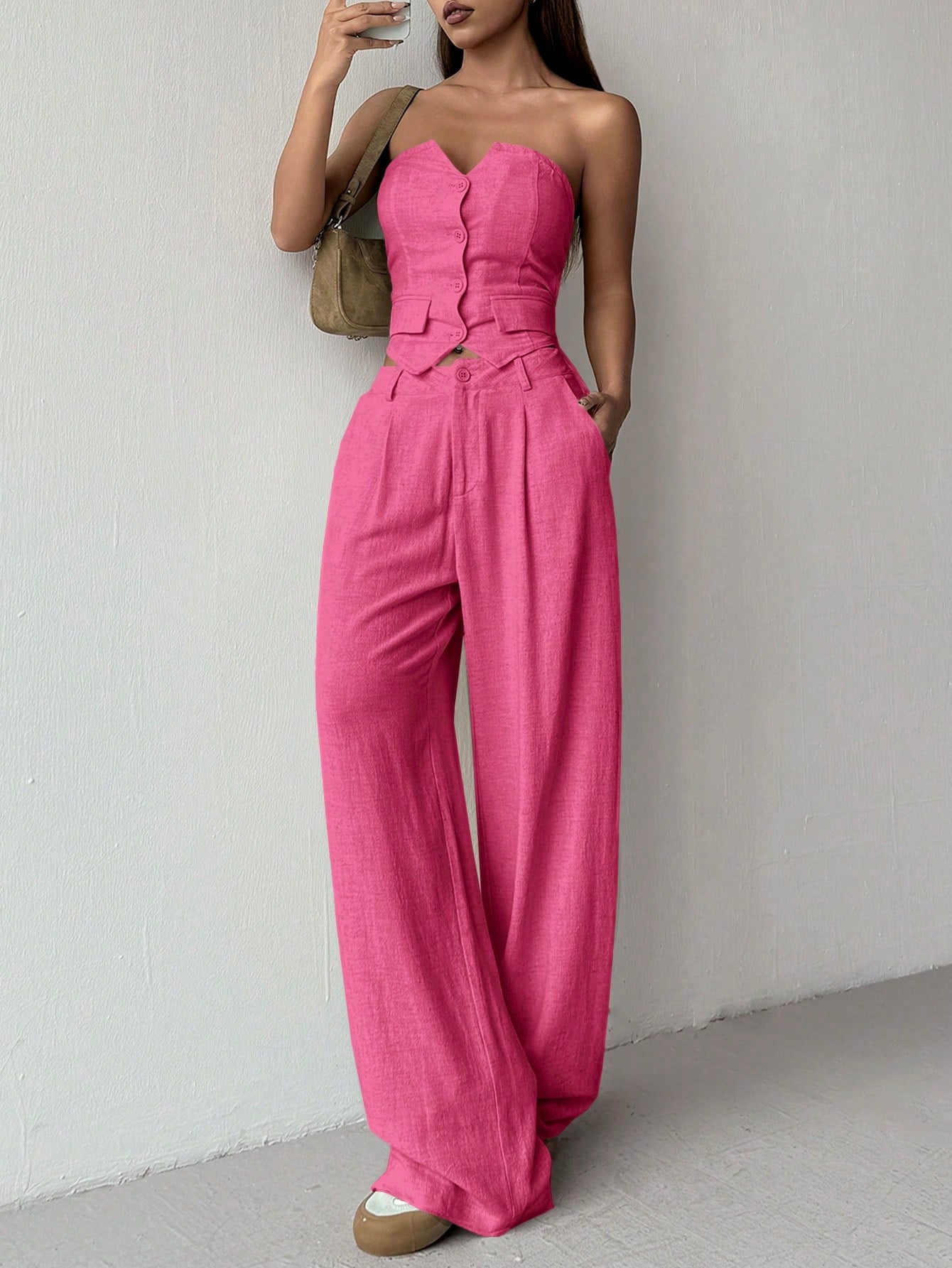 Women Summer Loose Casual Two-Piece Set With Single-Breasted Bustier With Asymmetrical Hem And Pleated Pants