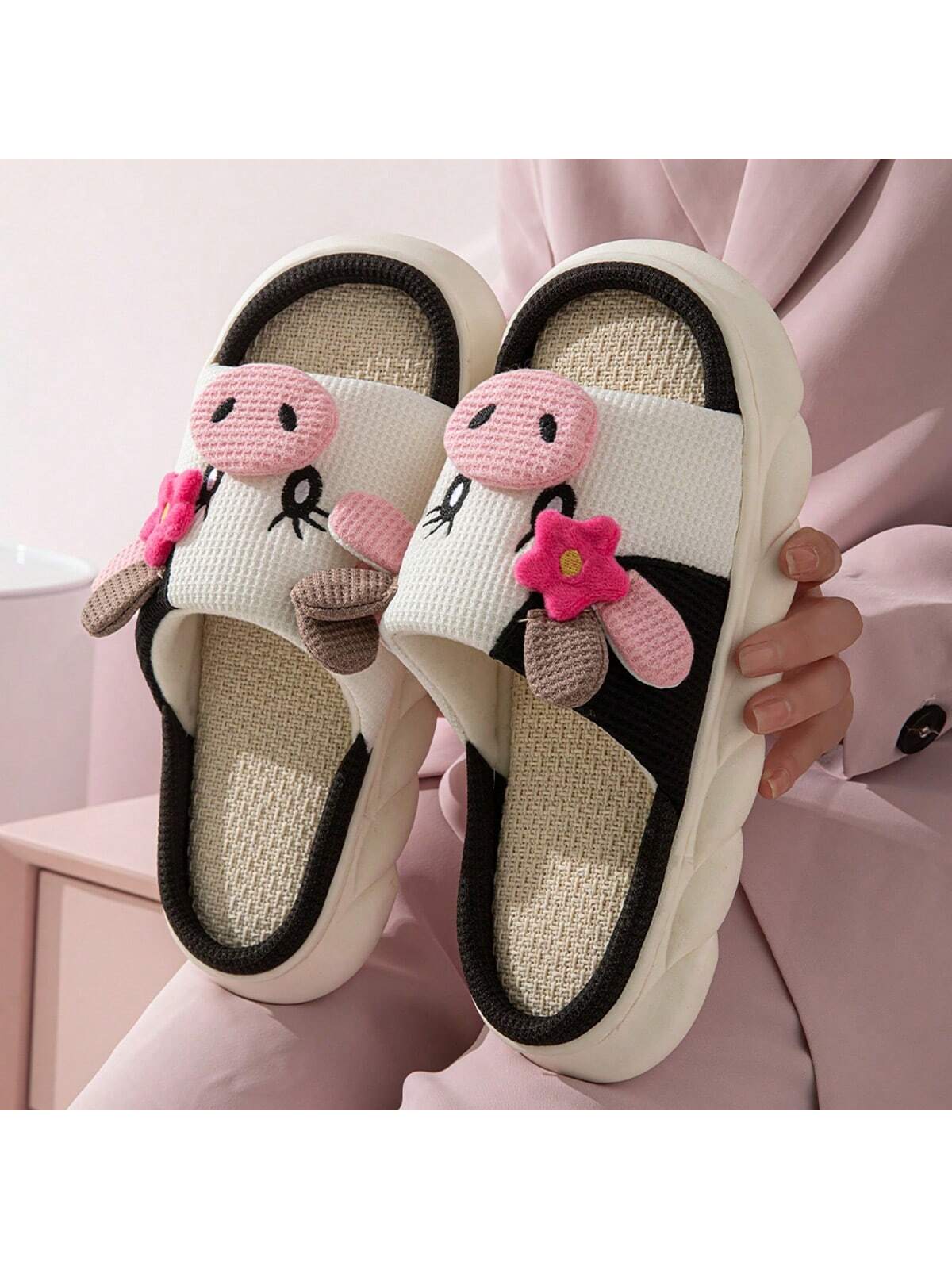 Unisex Linen Couple Slippers, Non-Slip Cartoon Cow Print Thick-Soled Open-Toe Slides, All Seasons