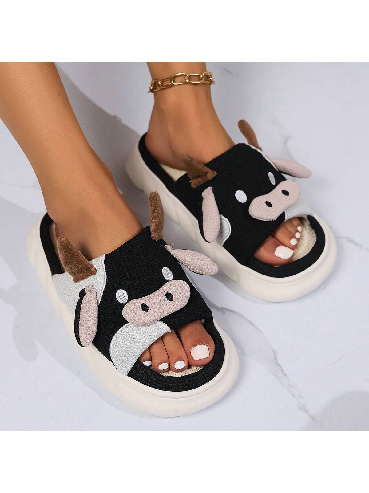 Unisex Linen Couple Slippers, Non-Slip Cartoon Cow Print Thick-Soled Open-Toe Slides, All Seasons