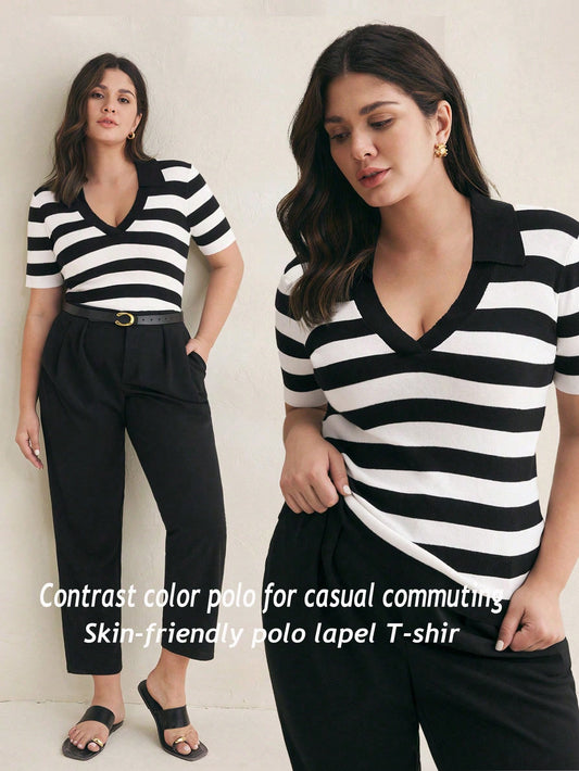 BIZwear Black And White Striped Collared Short Sleeve Plus Size Knit Top Polo  Old Money Style