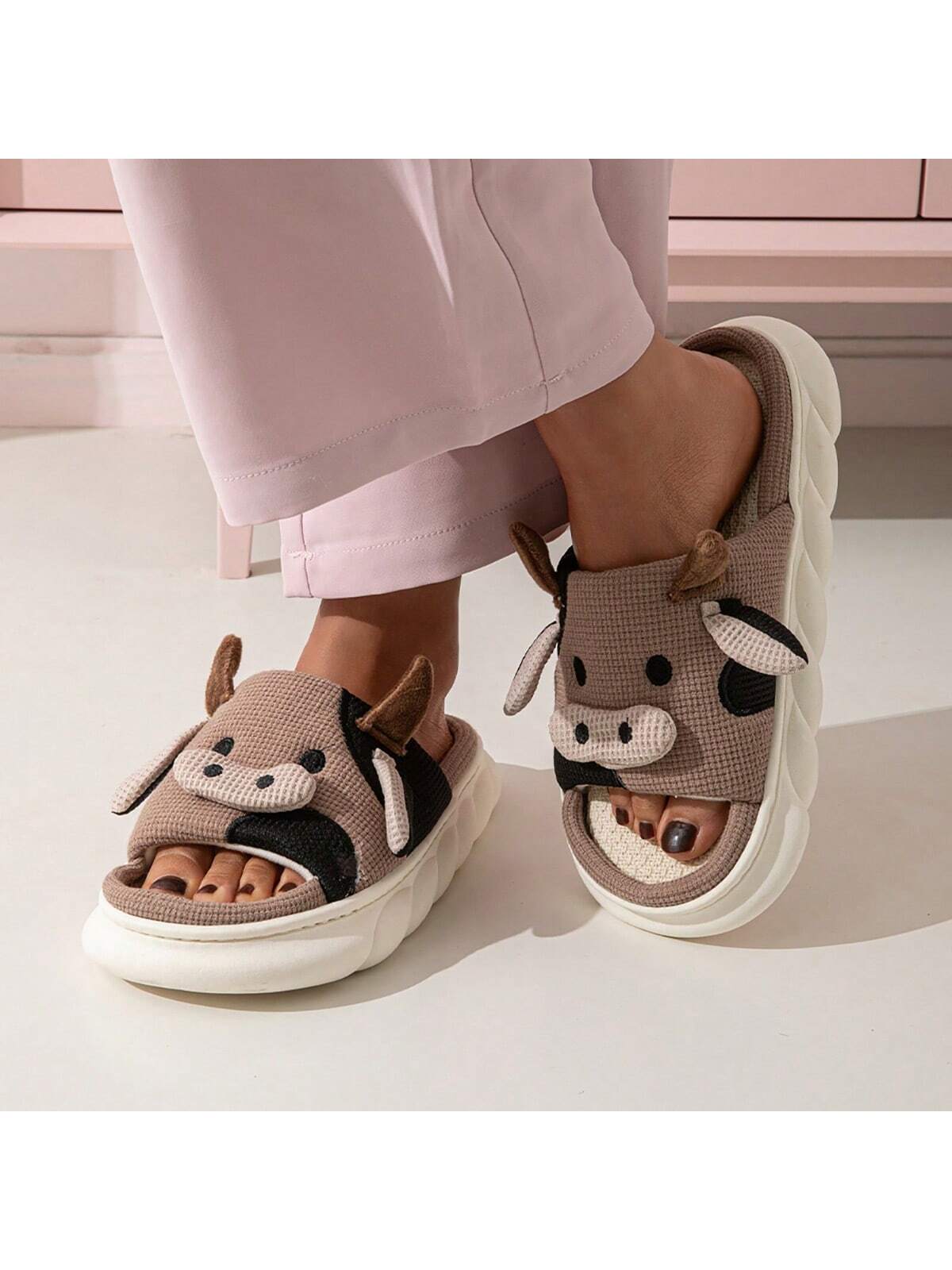 Unisex Linen Couple Slippers, Non-Slip Cartoon Cow Print Thick-Soled Open-Toe Slides, All Seasons