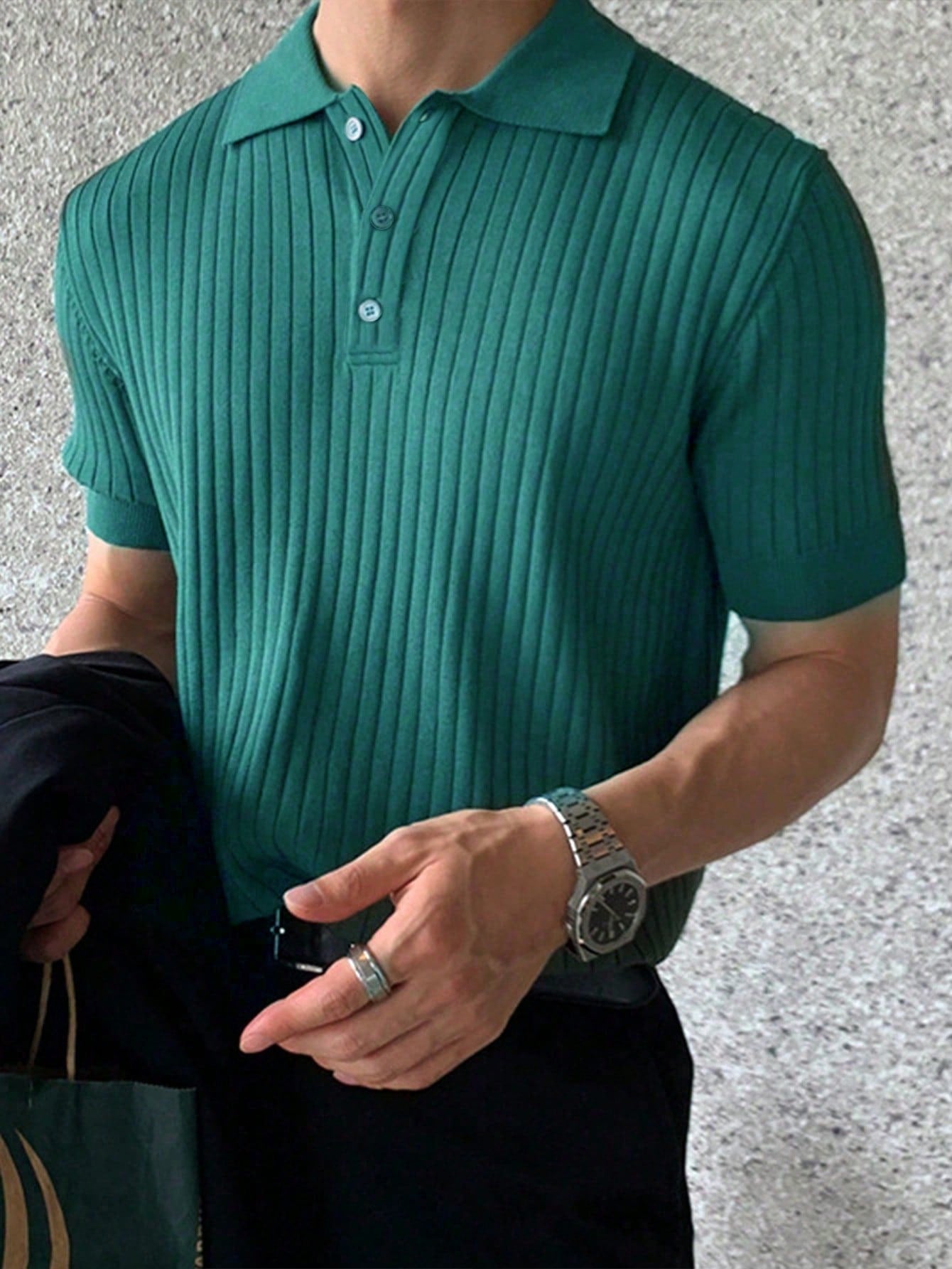 Men's Short Sleeve Ribbed Knit Polo Shirt