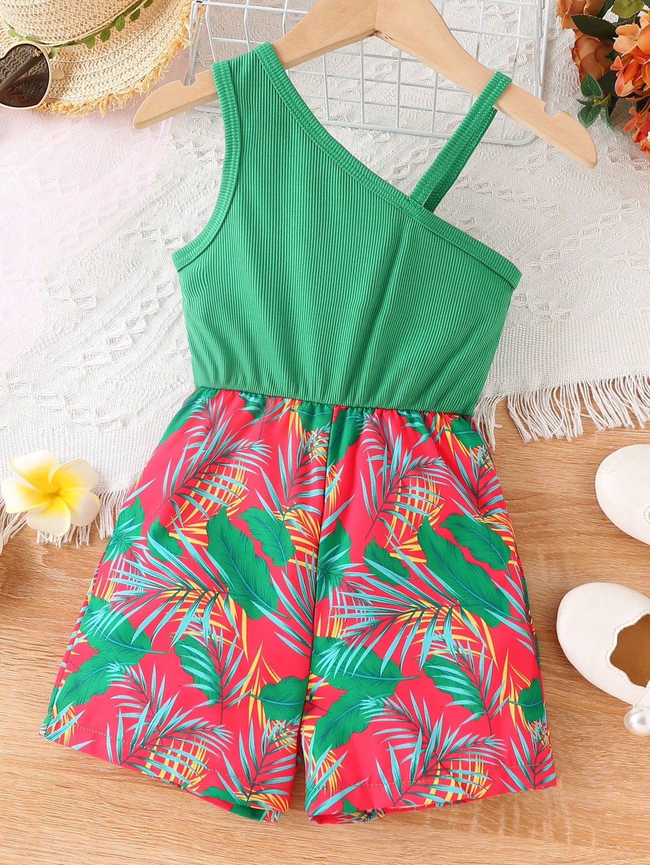 Young Girl Casual And Vacation Butterfly Element Printed Jumpsuit With Asymmetrical Shoulder Strap, Summer