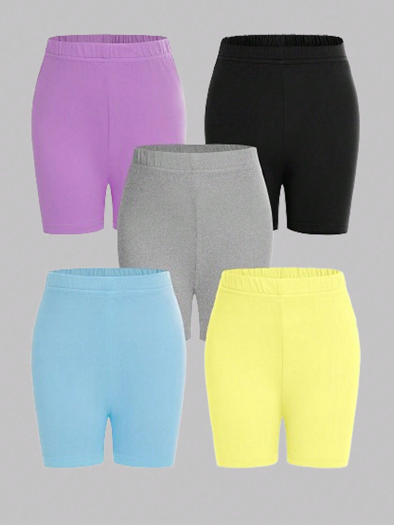 Young Girl Simple Multicolor Tight-Fit 5pcs Shorts Set For Sport, Yoga, Running