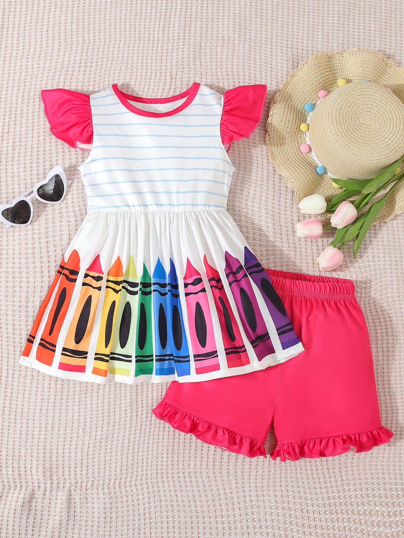 Young Girl Back-To-School 2pcs Pencil Element Pink Pants With Ruffle Hem, Sweet And Cute Style