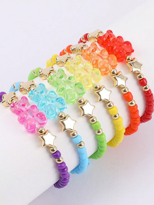 6pcs Random Cute Cartoon Colorful Beaded Rice Beads Lovely Transparent Bear Bracelet Set Suitable For Girls' Daily Wear