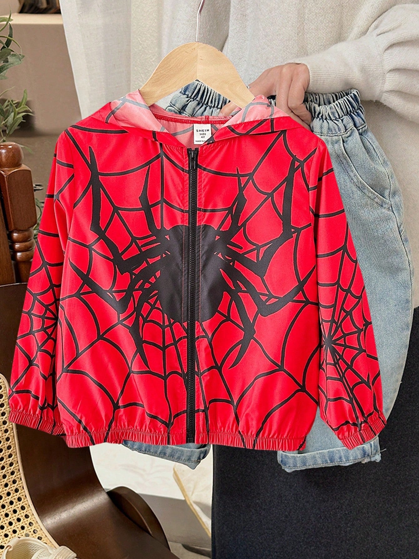 1pc Young Boys Leisure Cartoon Spider Pattern Loose And Comfortable Hooded Zipper Jacket