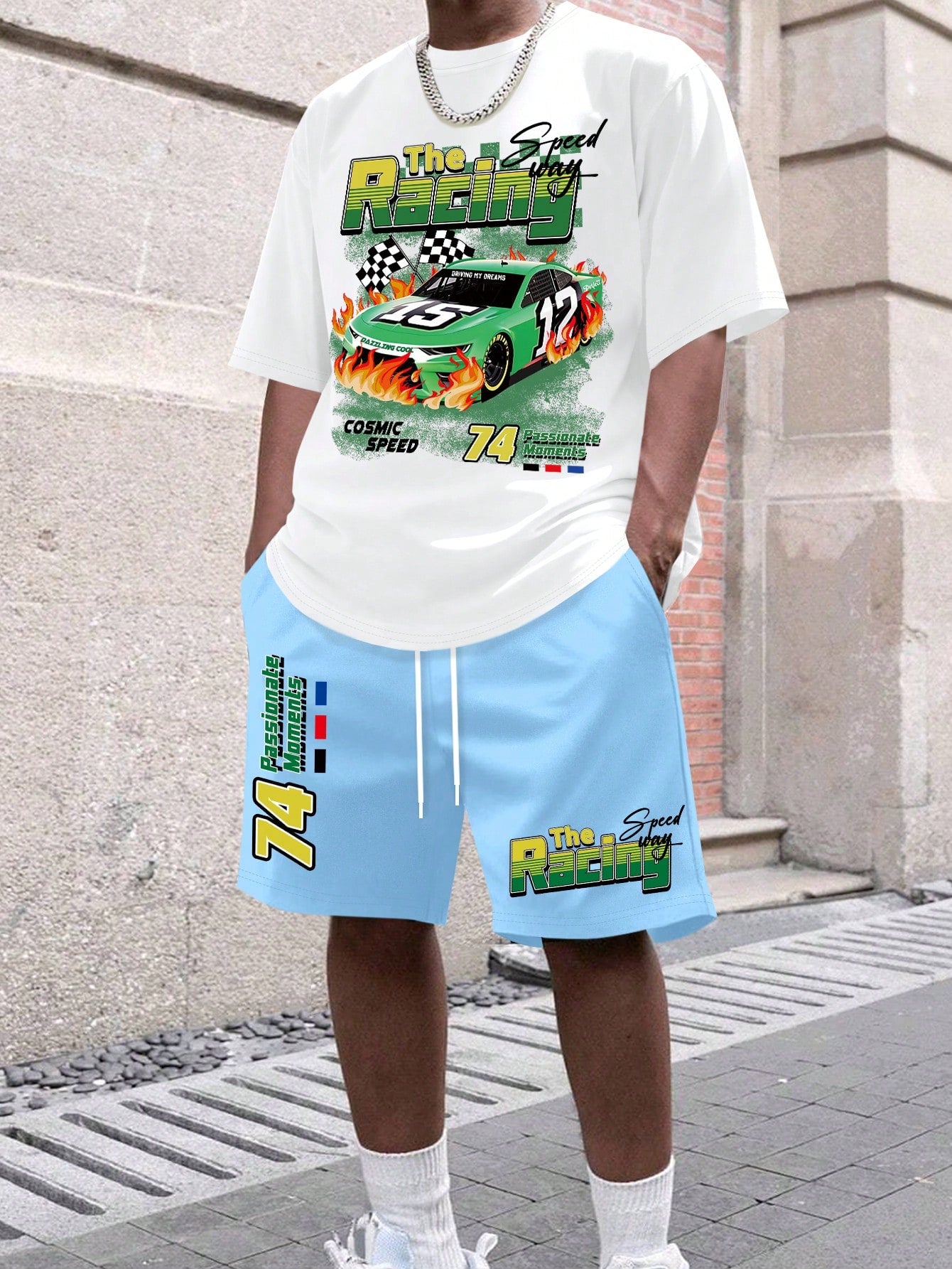 Men's Summer Letter Printed Car Patterned Casual Round Neck Short Sleeve T-Shirt And Drawstring Waist Shorts Set