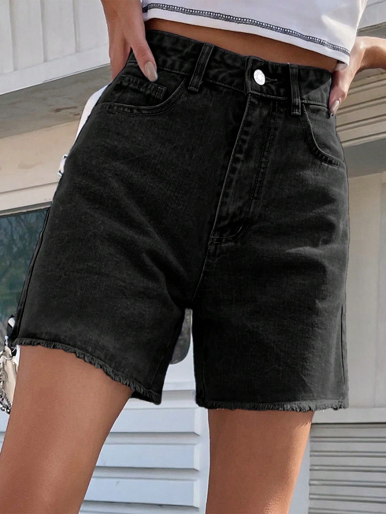 Frenchy Solid Raw Hem Denim Shorts, Mom Shorts