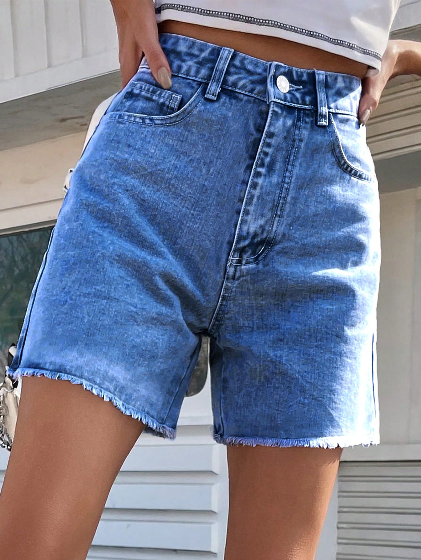 Frenchy Solid Raw Hem Denim Shorts, Mom Shorts