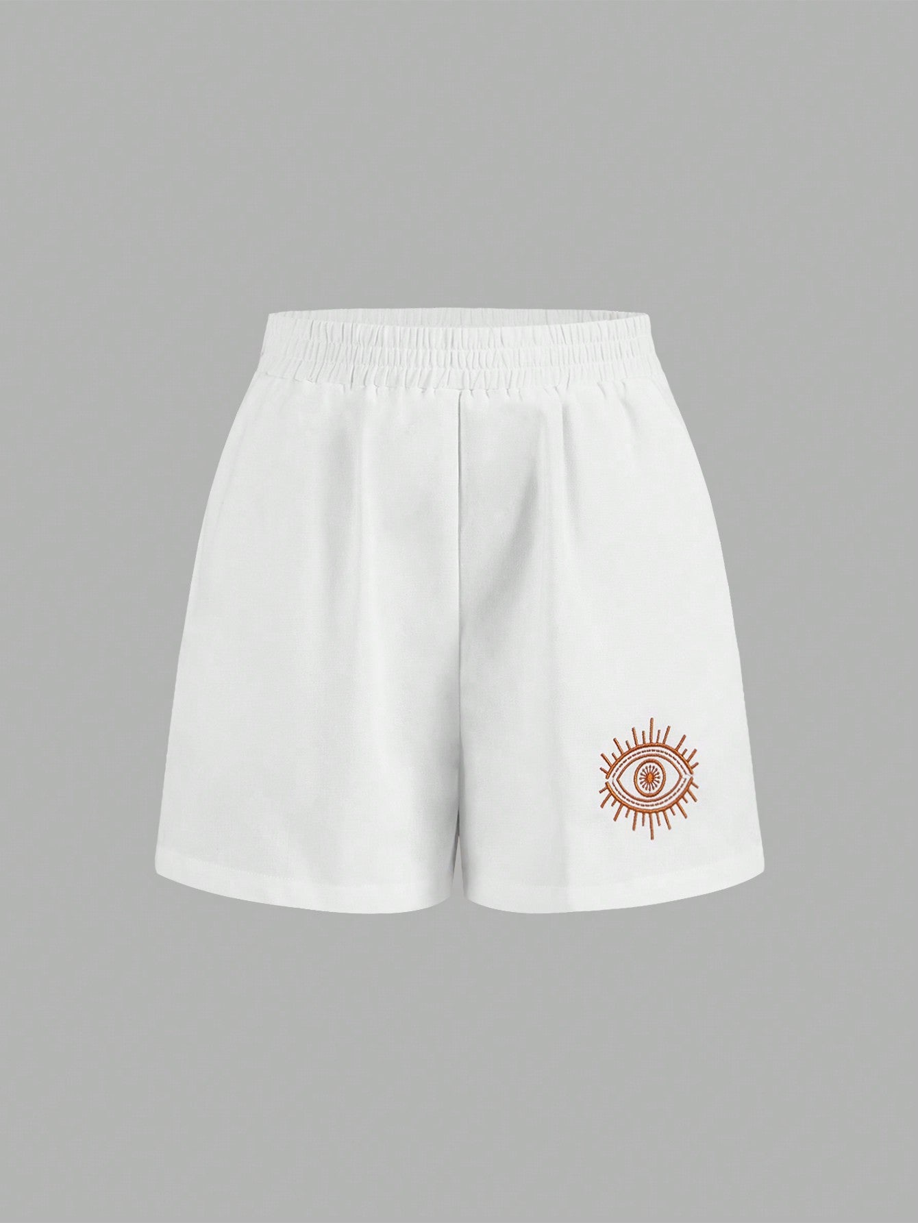 Frenchy White Linen Shorts With Embroidered Eyes, White Vacation Shorts, White Linen Shorts With Embroidered Eyes, Slash Pockets, Vacation Linen Shorts