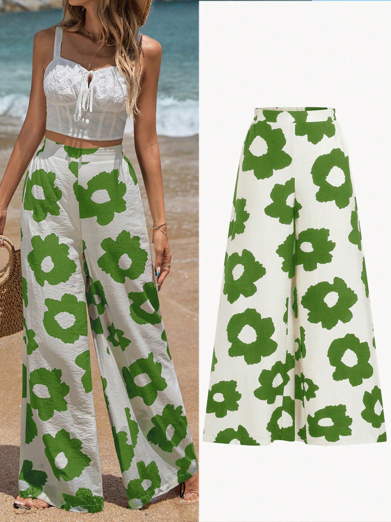 Vacation Woven Flower Pattern High Waist Women's Long Pants