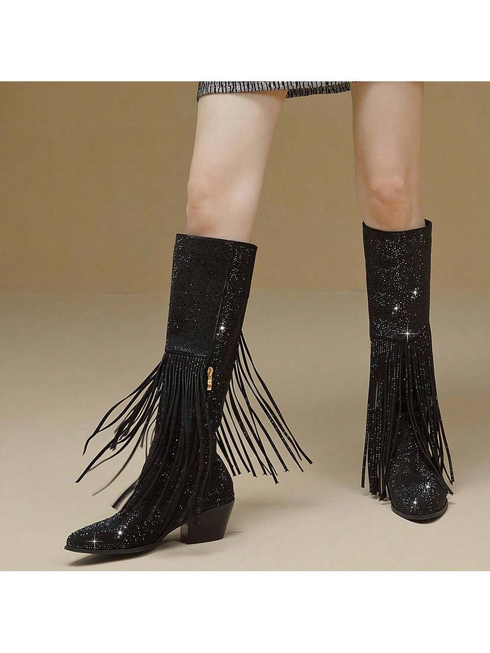 Tassel Western Cowgirl Boots Women's Rhinestone Fashion Cowboy Boots Fringe Pointed Toe Block High Heel Zipper Knee High Boots Pull-On Tabs For Girl Dating Sexy Graduation Prom Party Shows Shoes