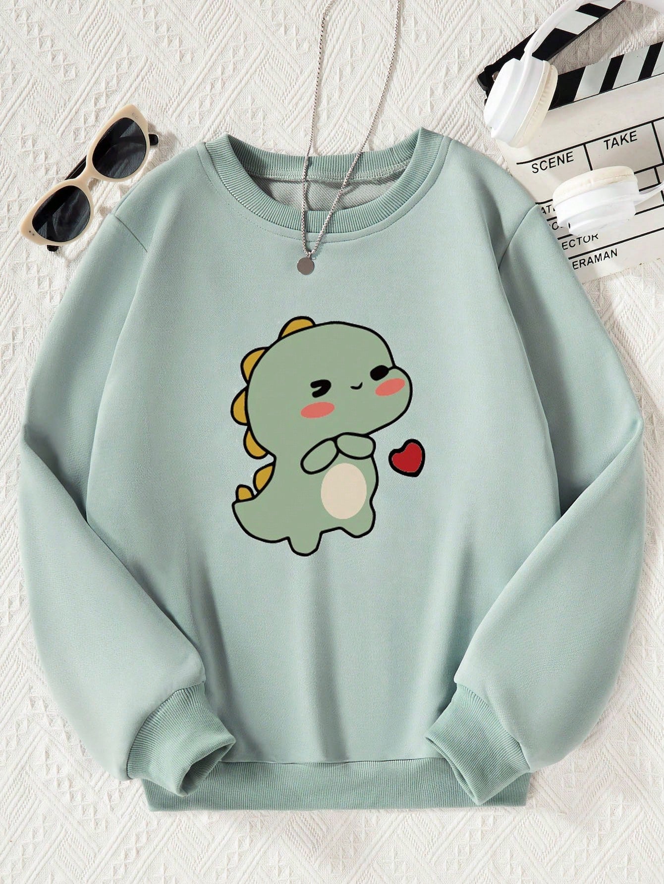 Tween Girl Dinosaur Pattern Round Neck Sweatshirt