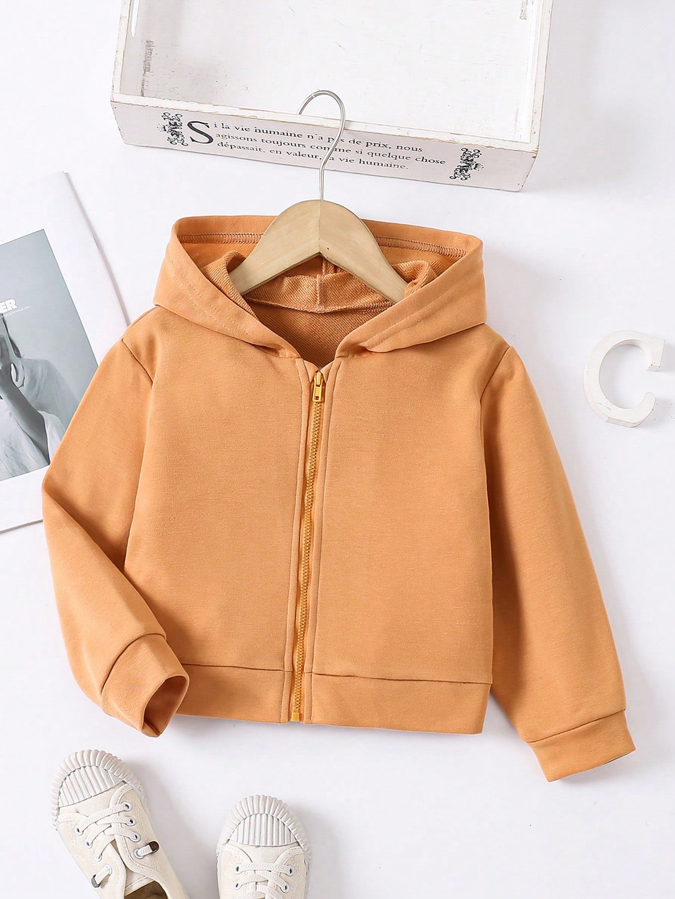 Little Girls' Solid Color Zip-Up Hooded Casual Jacket With Long Sleeves